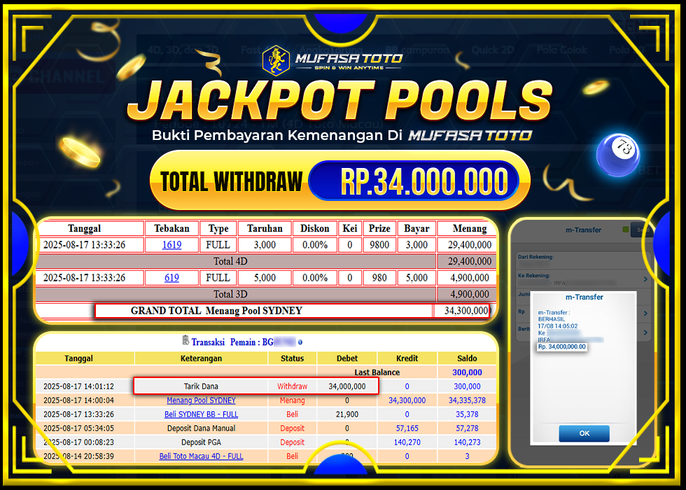 MUFASATOTO JACKPOT POOL SYDNEY Rp.34.000.000 | LUNAS
